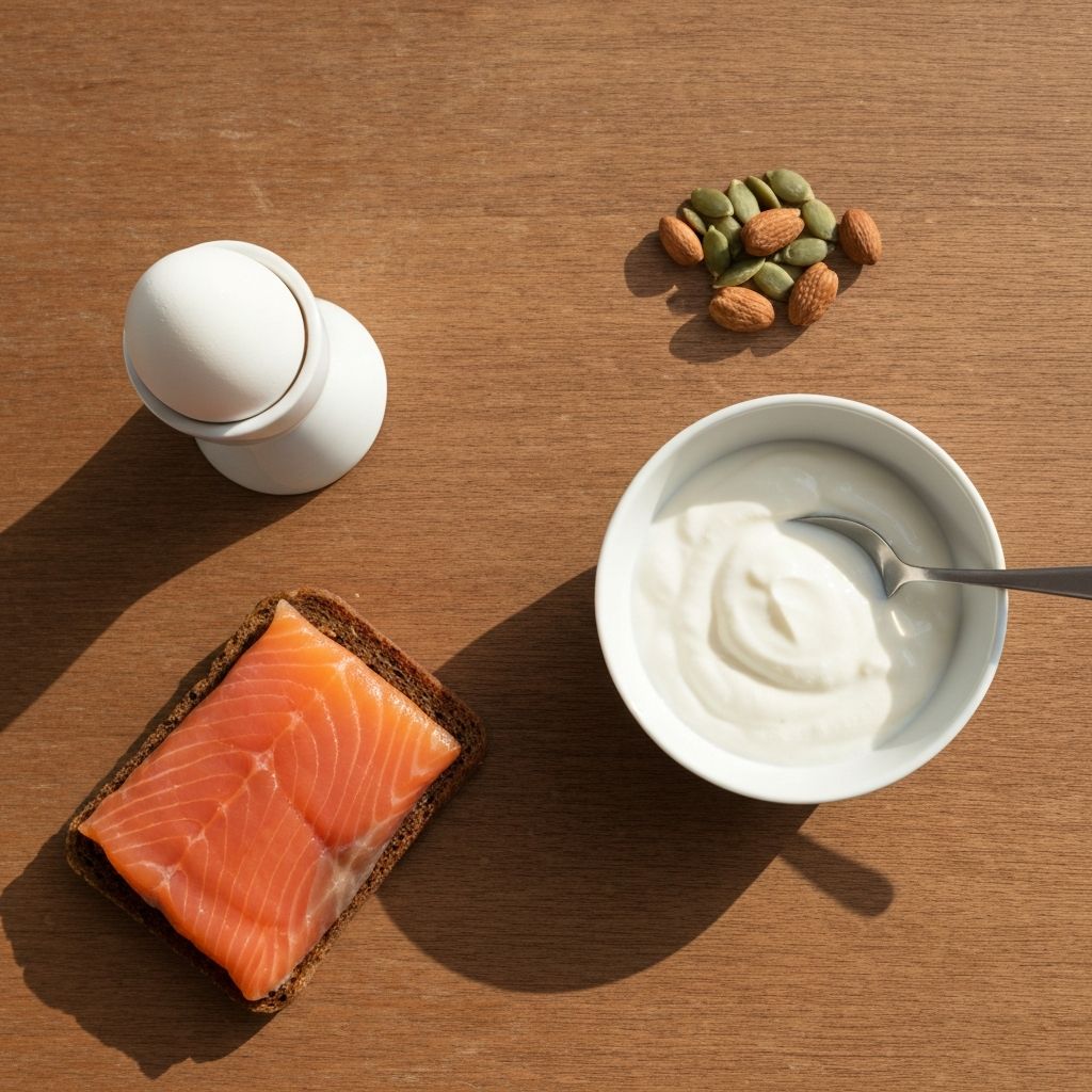 Overhead flat-lay of protein-rich UK breakfast foods including eggs, yoghurt, salmon, and nuts