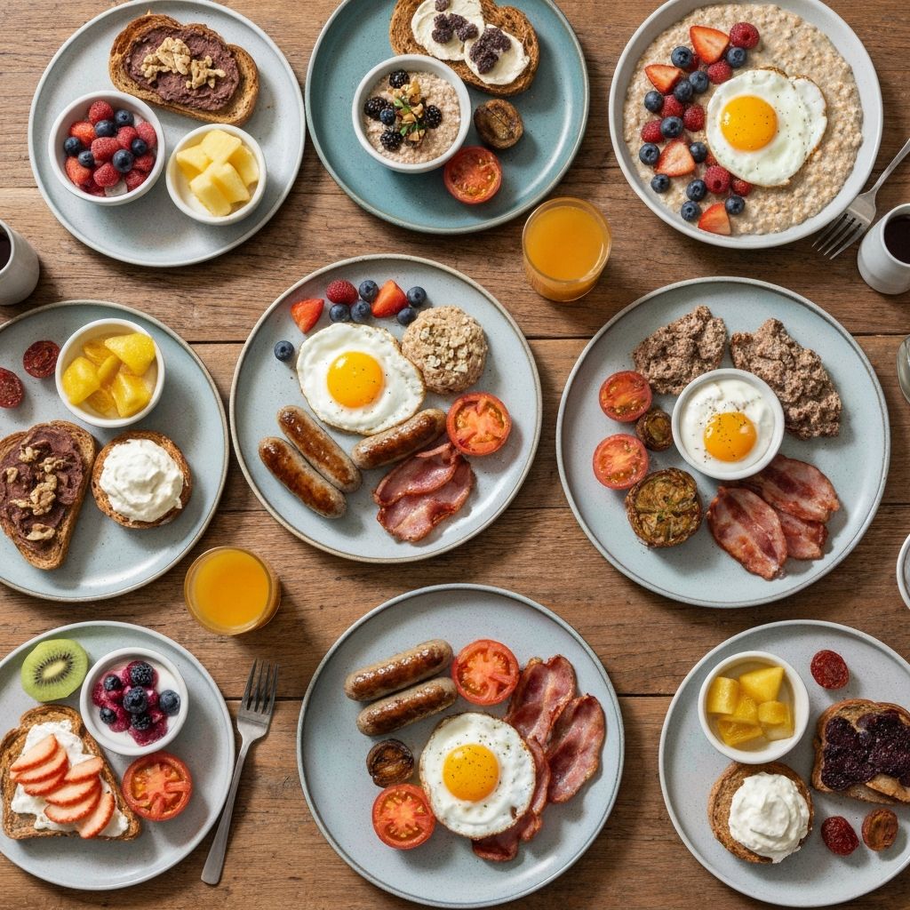 Overhead arrangement showing various different breakfast preferences and compositions
