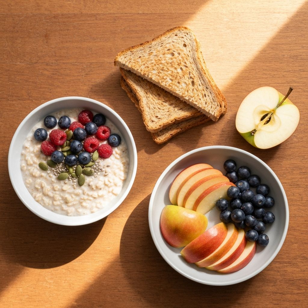 Overhead arrangement of fibre-rich breakfast options including bowl of oats with berries, wholegrain toast, and fresh fruit