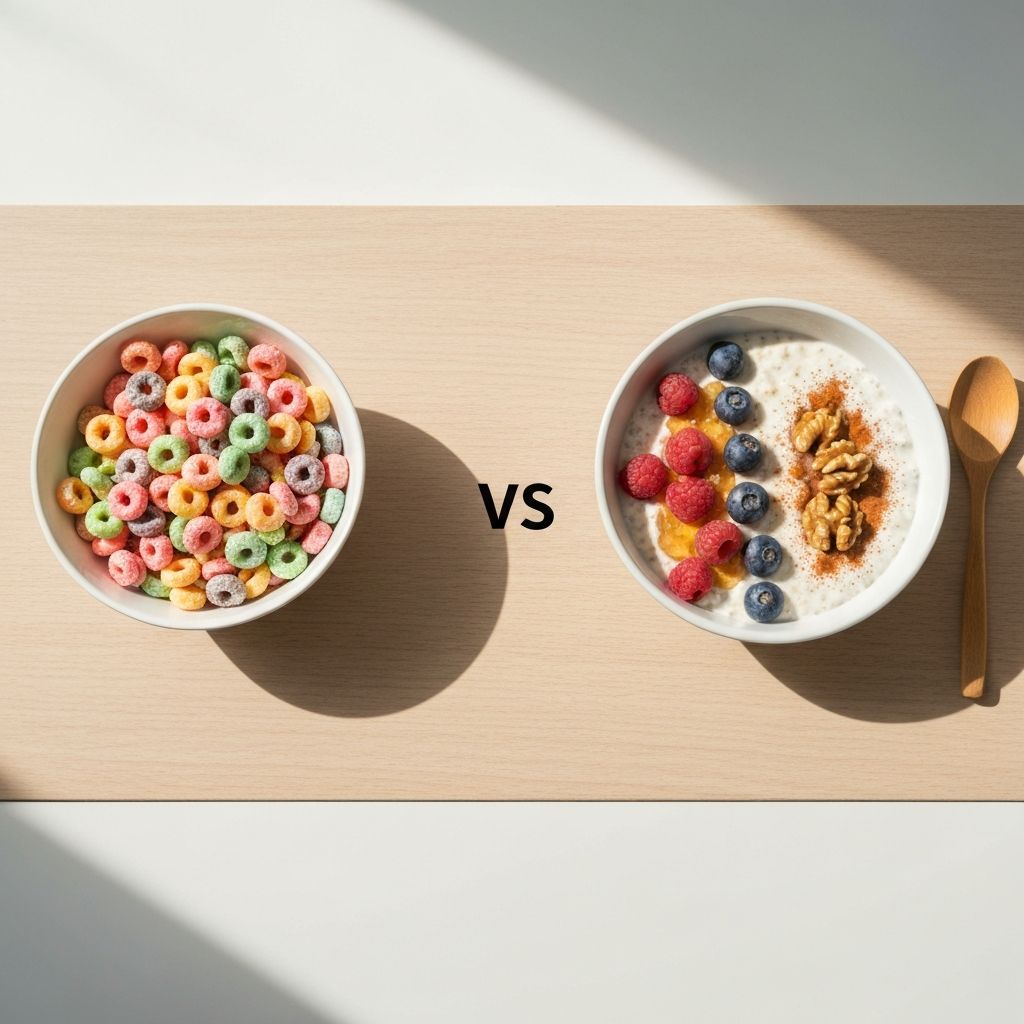 Overhead comparison of processed breakfast options like sweetened cereal alongside minimally-processed options like plain oats and yoghurt with fresh toppings